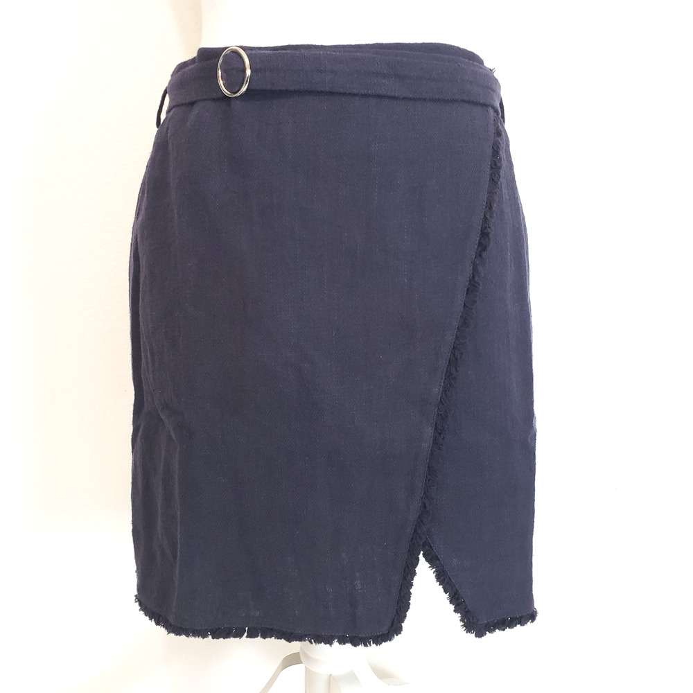 J.O.A Women SIZE M Navy Blue Lined Linen Skirt Raw Hem Faux Wrap Back Zip Career